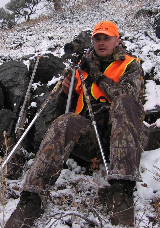 Spotting for deer with my 243 WSSM A-Bolt Stainless Varmint Laminate with fluted barrel.